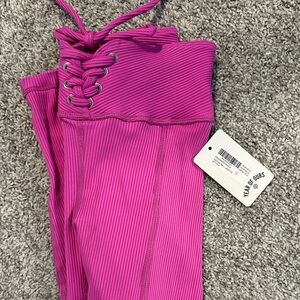 Pink Ribbed Lace-Up Leggings